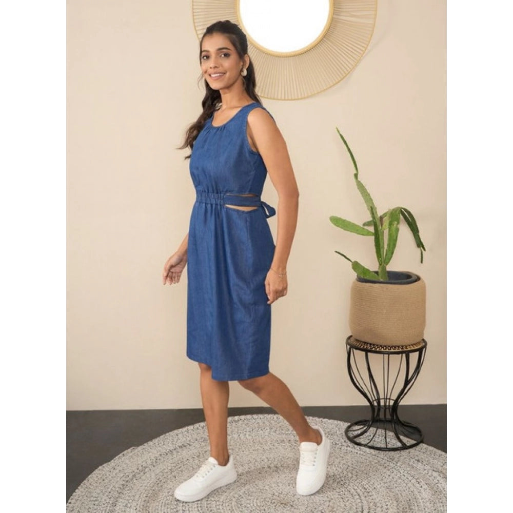 HD Women's Denim Solid Sleeveless Dress (Blue)