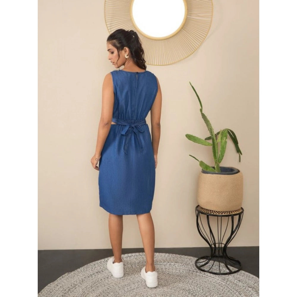 HD Women's Denim Solid Sleeveless Dress (Blue)