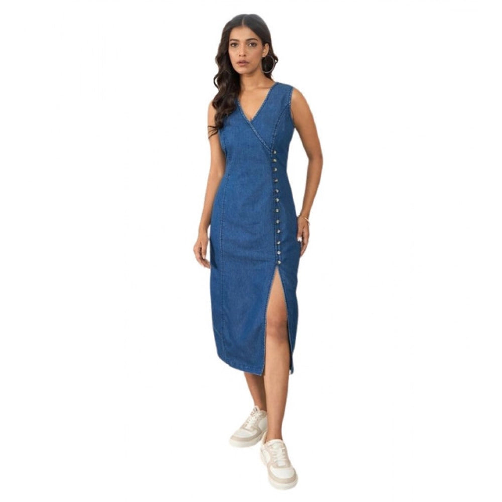 HD Women's Denim Solid Sleeveless Dress (Blue)