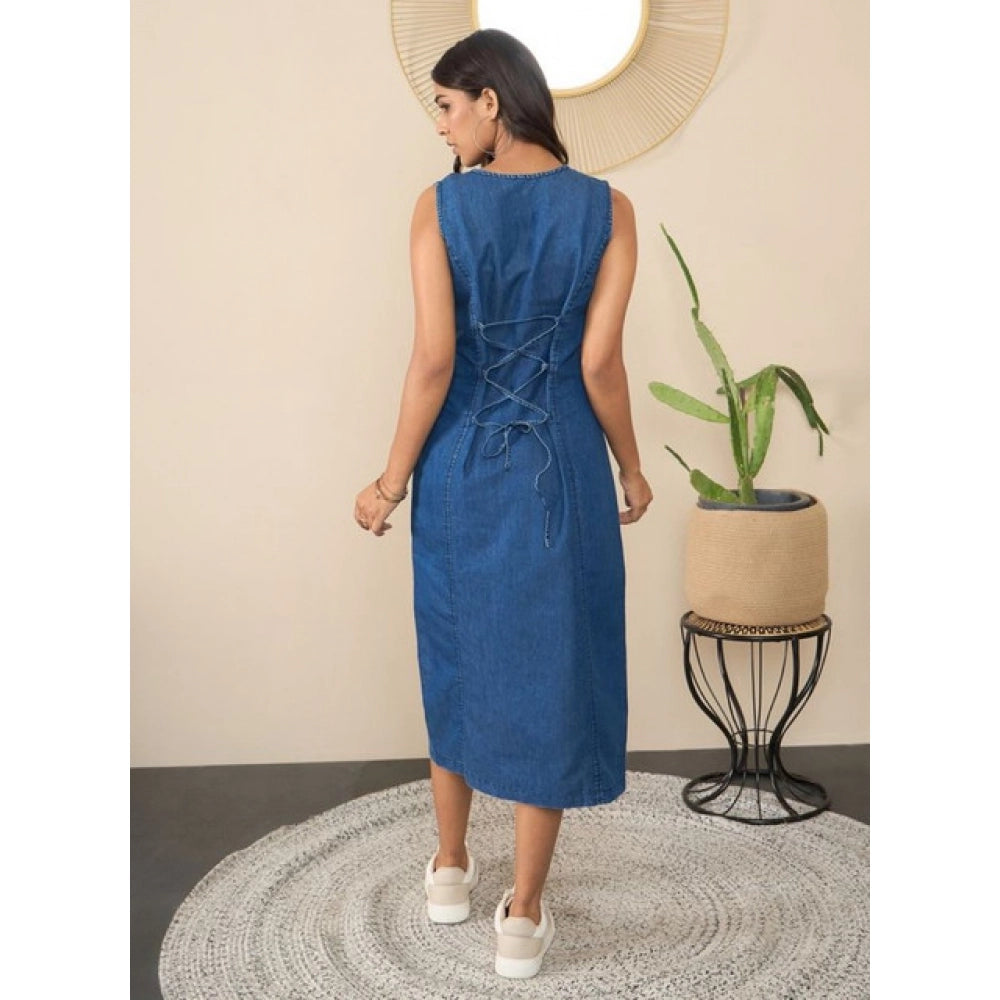 HD Women's Denim Solid Sleeveless Dress (Blue)