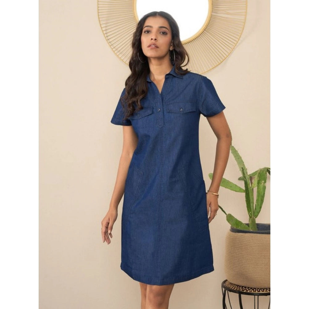 HD Women's Denim Solid Sleeveless Dress (Blue)