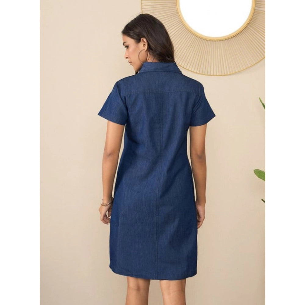 HD Women's Denim Solid Sleeveless Dress (Blue)