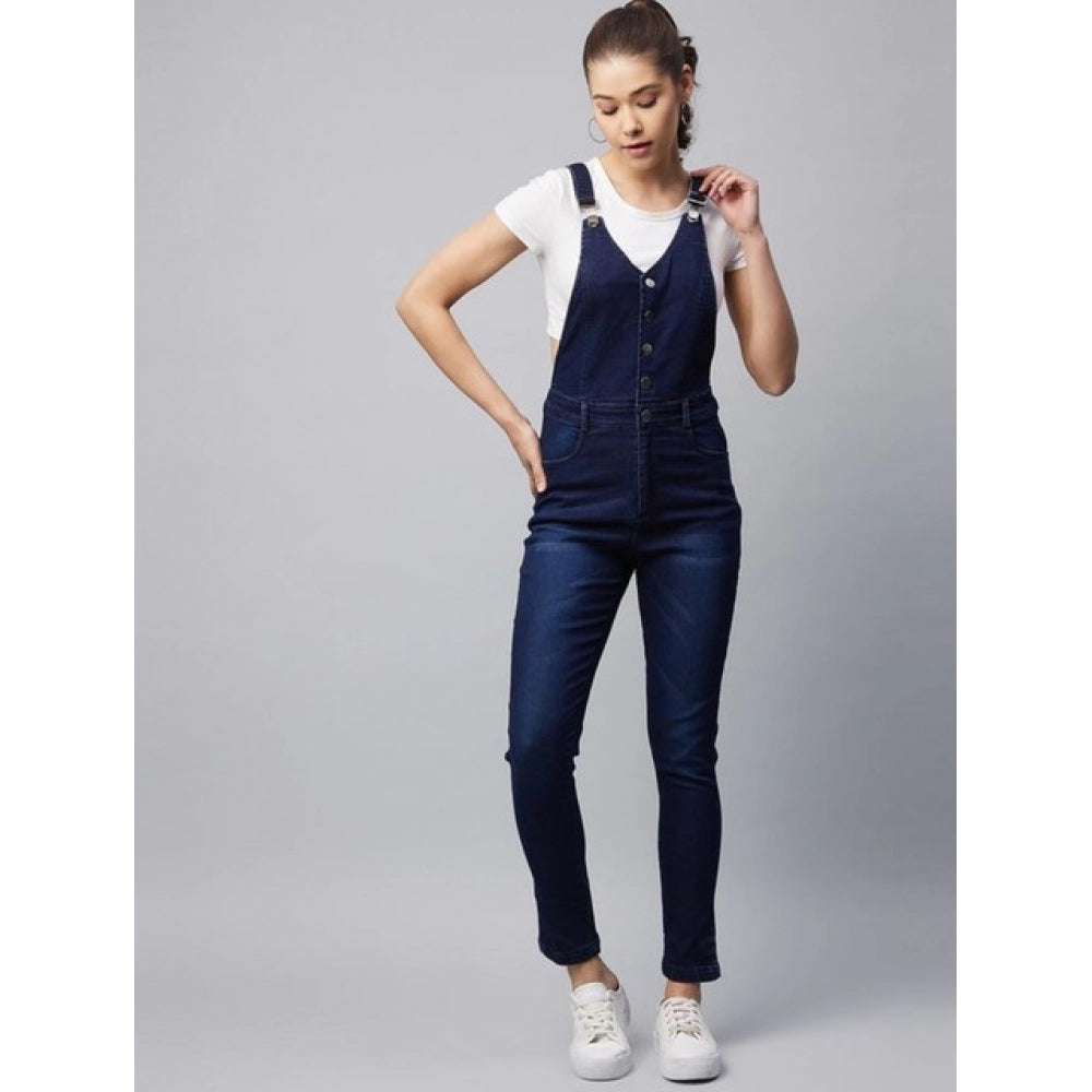 HD Women's Denim Lycra Solid Buttoned Dungaree (Navy)