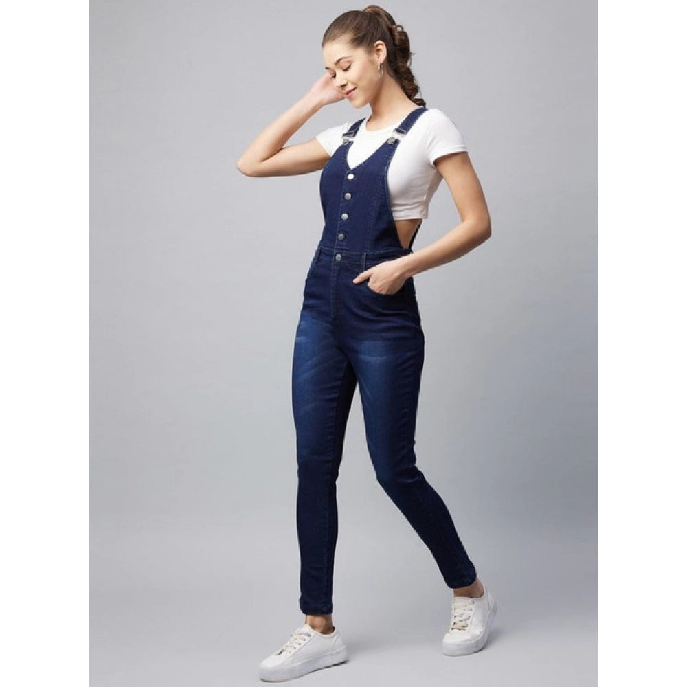 HD Women's Denim Lycra Solid Buttoned Dungaree (Navy)