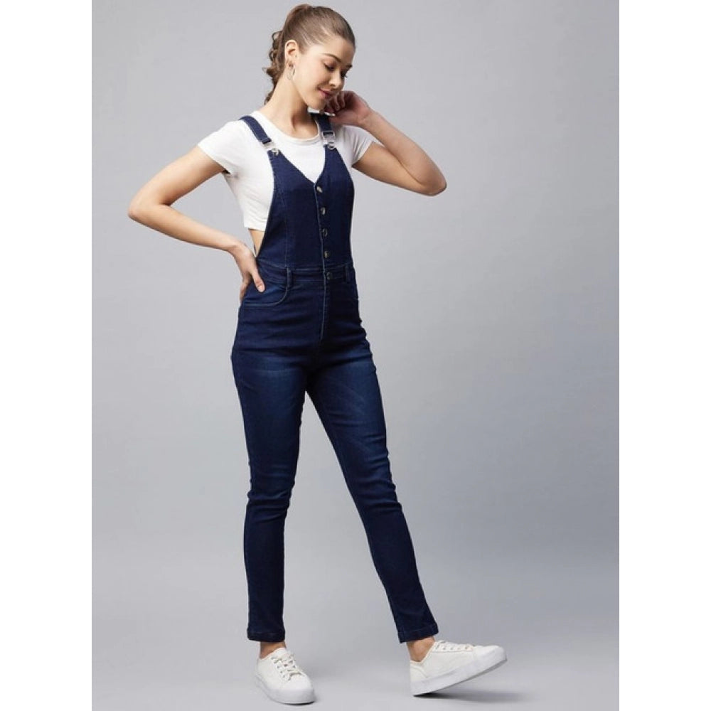 HD Women's Denim Lycra Solid Buttoned Dungaree (Navy)