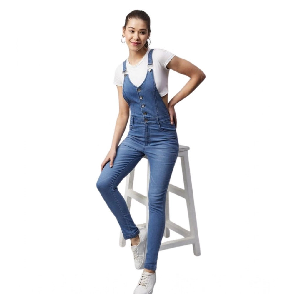 HD Women's Denim Lycra Solid Buttoned Dungaree (Ice Blue)