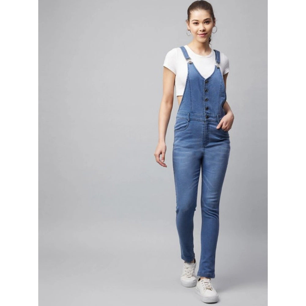 HD Women's Denim Lycra Solid Buttoned Dungaree (Ice Blue)