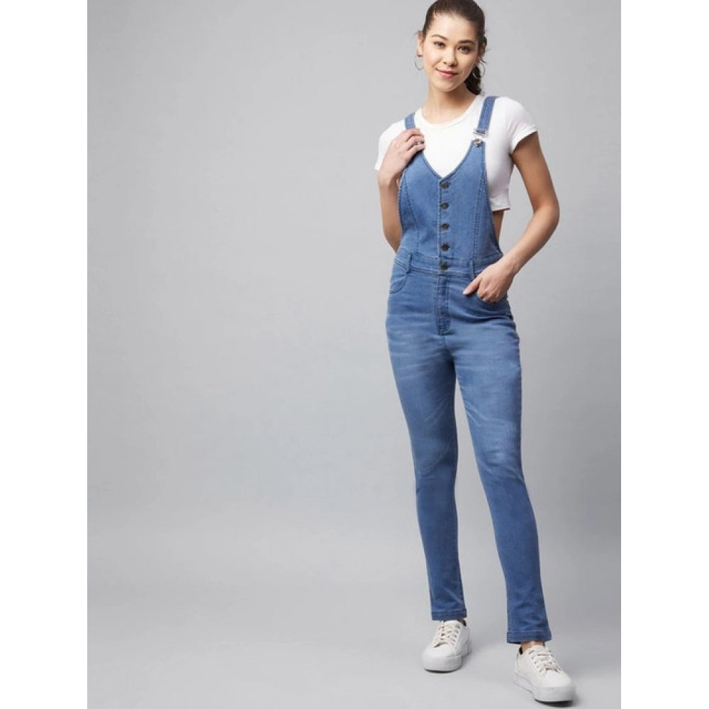 HD Women's Denim Lycra Solid Buttoned Dungaree (Ice Blue)