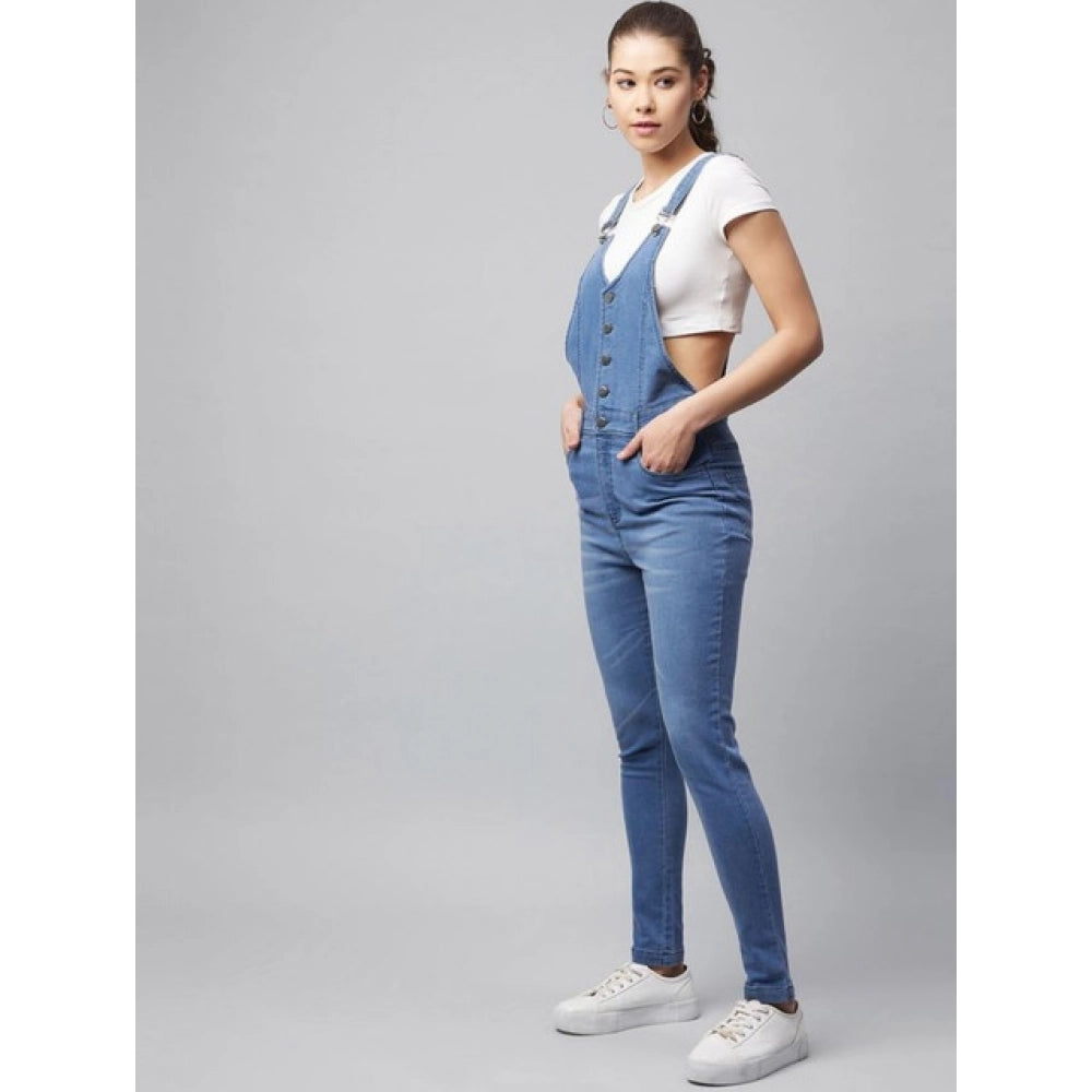 HD Women's Denim Lycra Solid Buttoned Dungaree (Ice Blue)