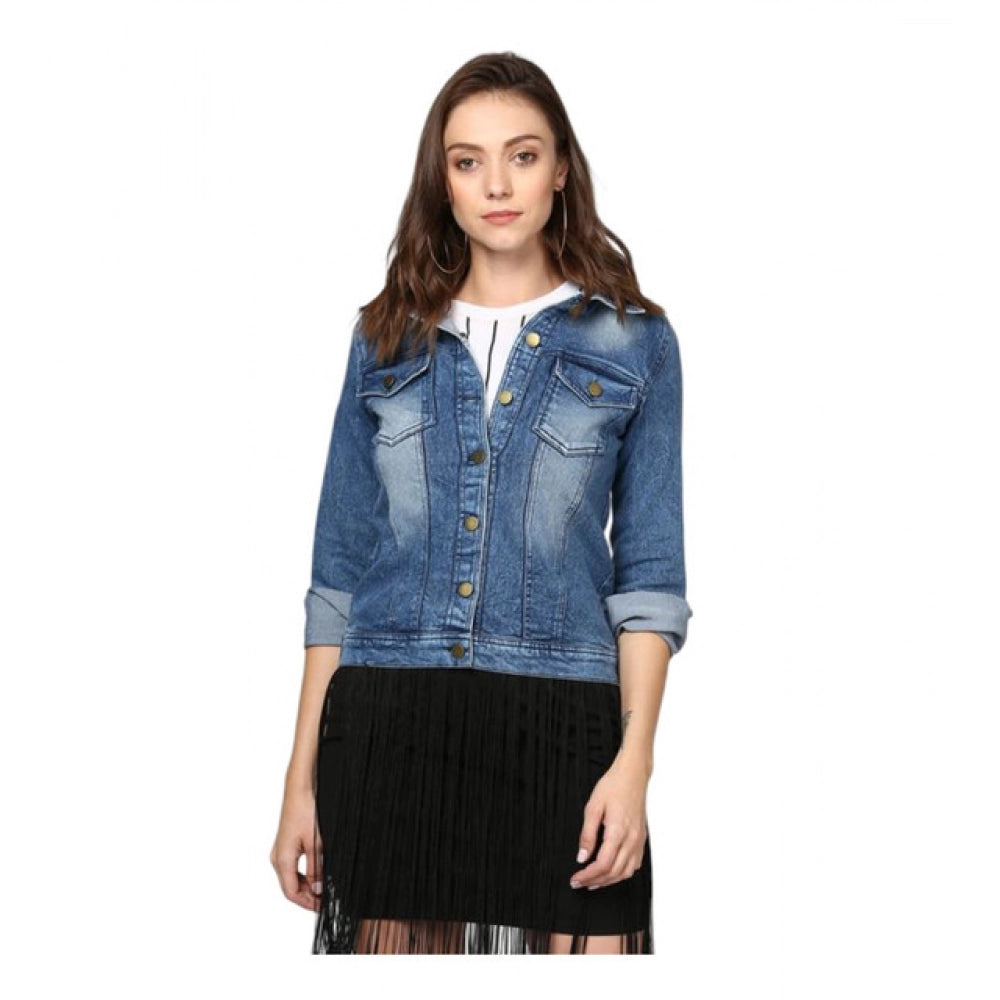 HD Women's Denim Washed Long Sleeves Jacket (Blue)