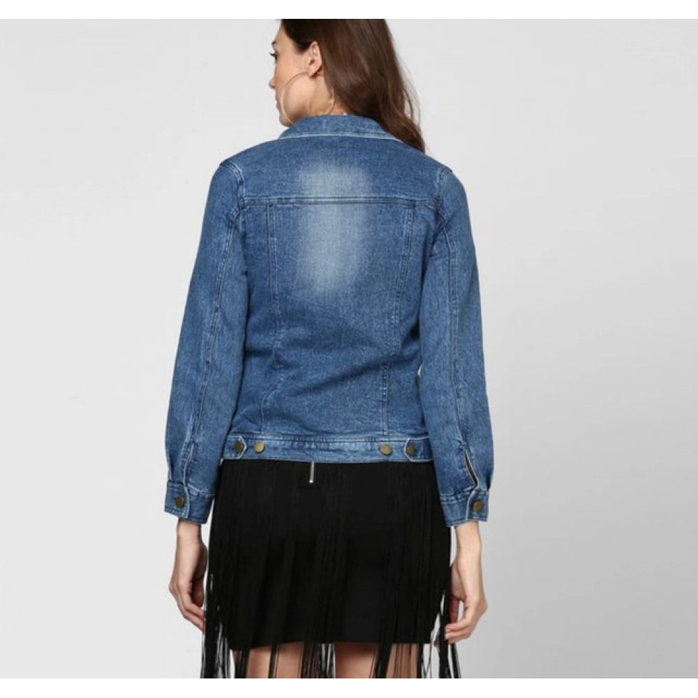 HD Women's Denim Washed Long Sleeves Jacket (Blue)