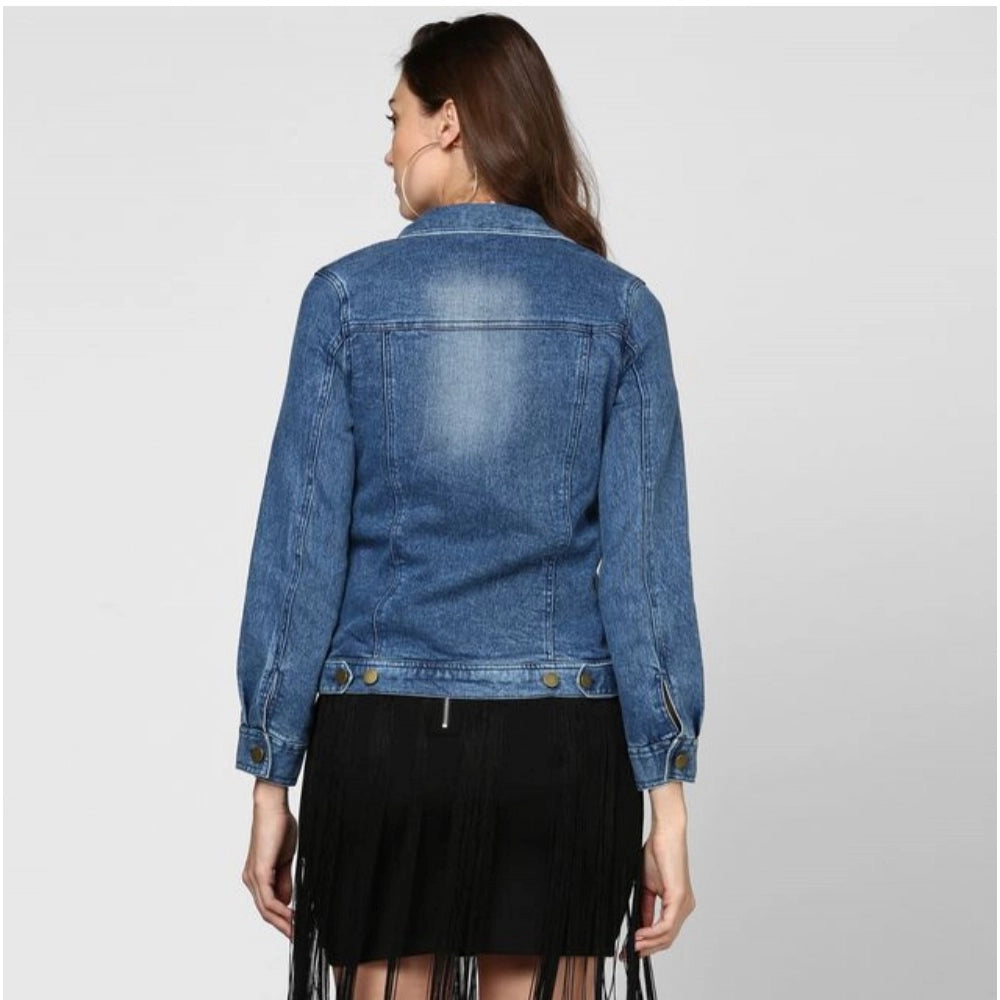 HD Women's Denim Washed Long Sleeves Jacket (Blue)