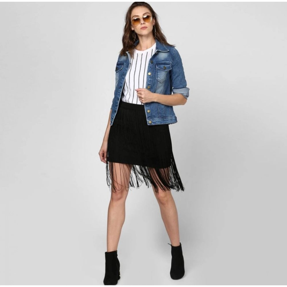 HD Women's Denim Washed Long Sleeves Jacket (Blue)