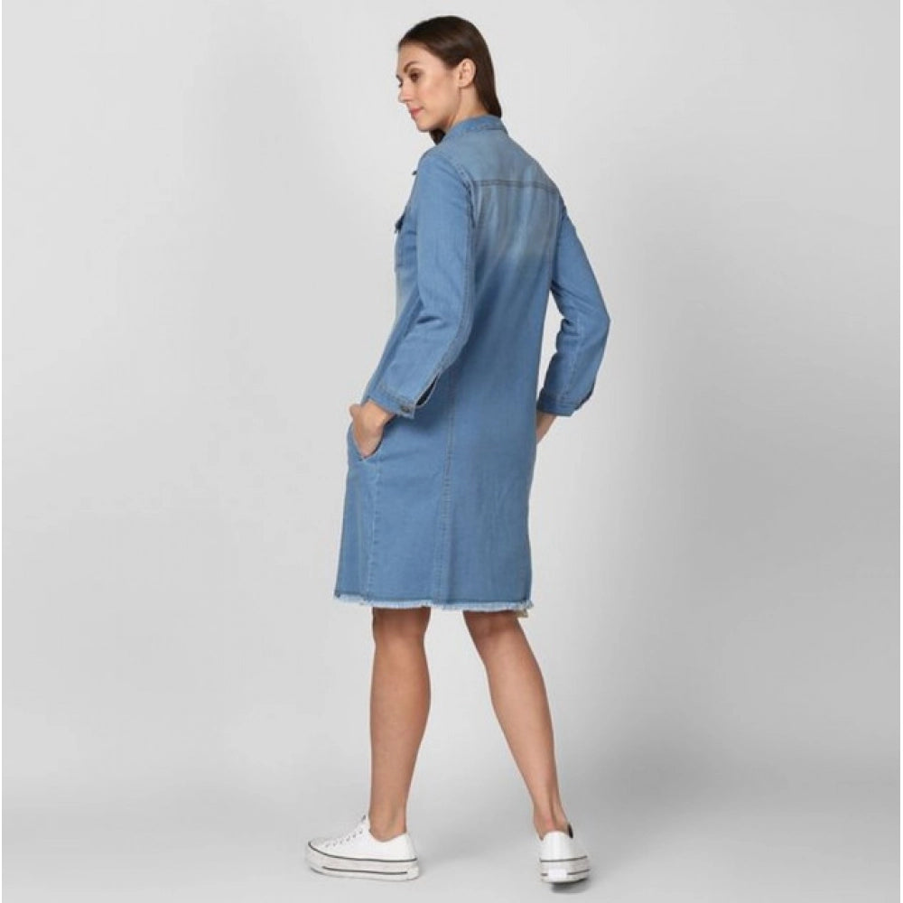 HD Women's Denim Washed Long Sleeves Jacket (Blue)