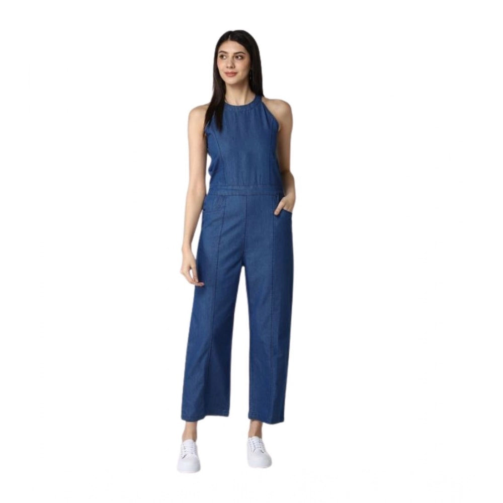 HD Women's Denim Solid Sleeveless Jumpsuit (Blue)