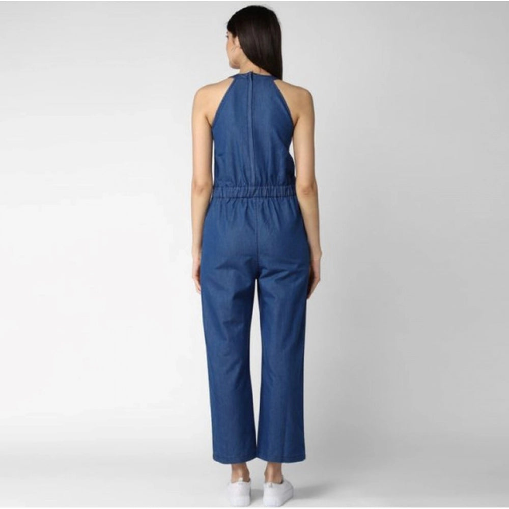 HD Women's Denim Solid Sleeveless Jumpsuit (Blue)