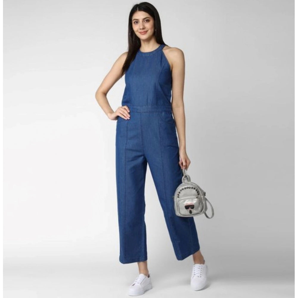 HD Women's Denim Solid Sleeveless Jumpsuit (Blue)