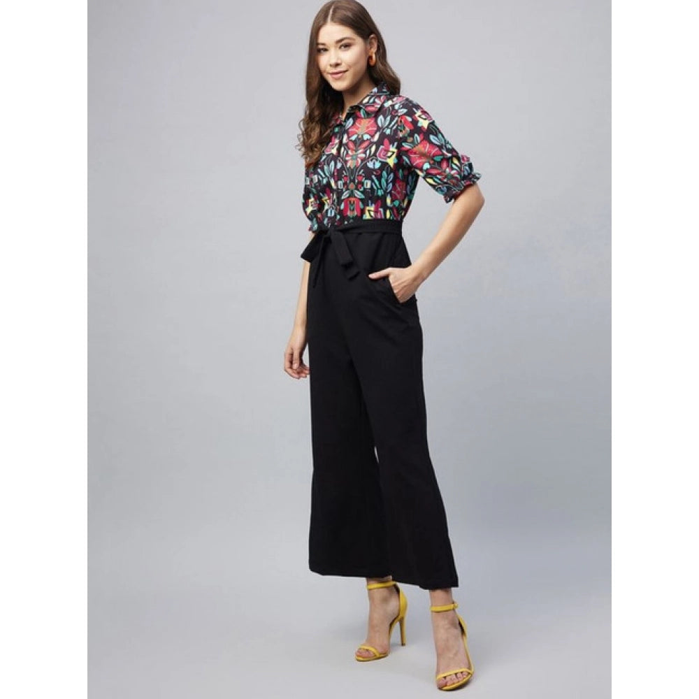 HD Women's Polyester Floral Short Sleeve Jumpsuit (Multicolor)