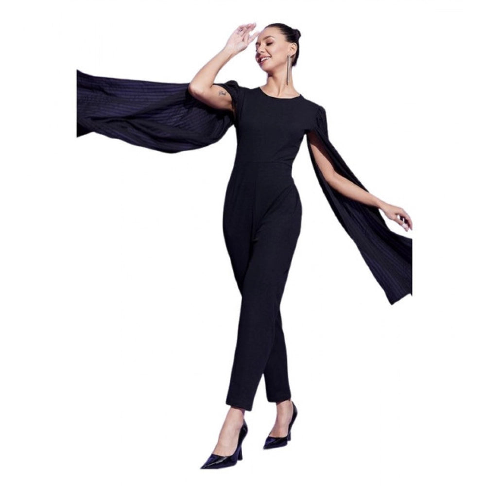 HD Women's Polyeter Solid Cape Sleeve Jumpsuit (Black)