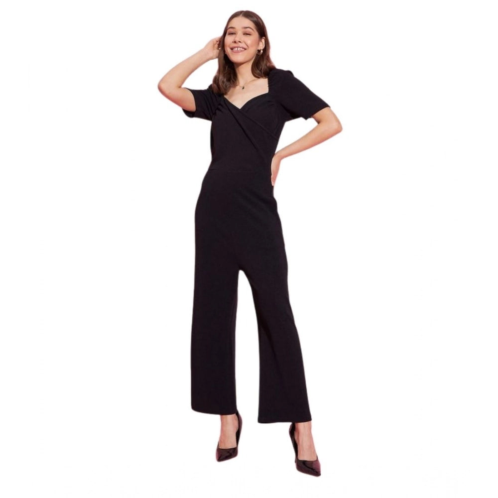 HD Women's Polyester Lycra Solid Puff Sleeve Jumpsuit (Black)