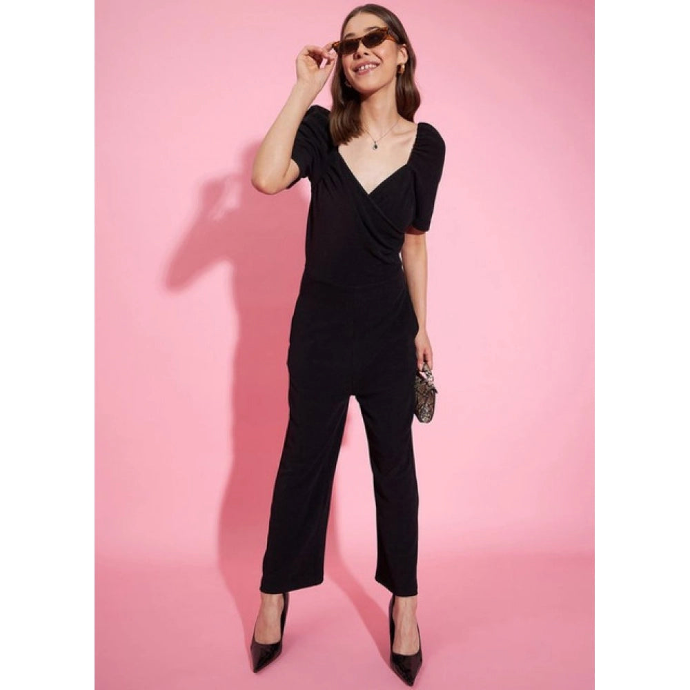 HD Women's Polyester Lycra Solid Puff Sleeve Jumpsuit (Black)