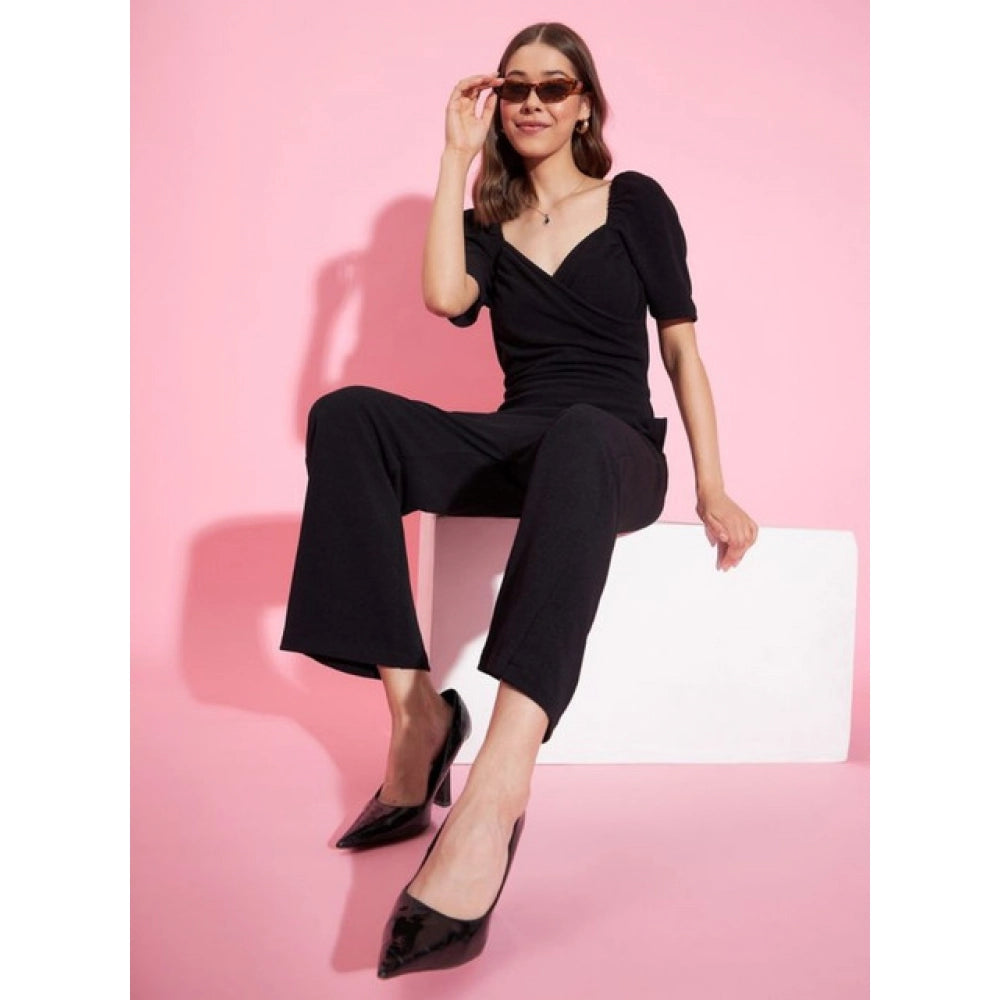 HD Women's Polyester Lycra Solid Puff Sleeve Jumpsuit (Black)