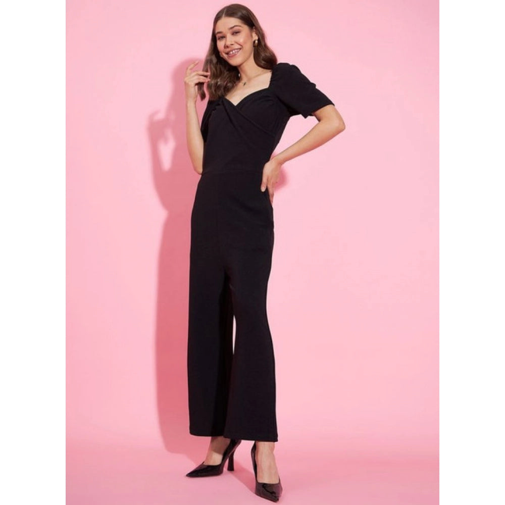 HD Women's Polyester Lycra Solid Puff Sleeve Jumpsuit (Black)
