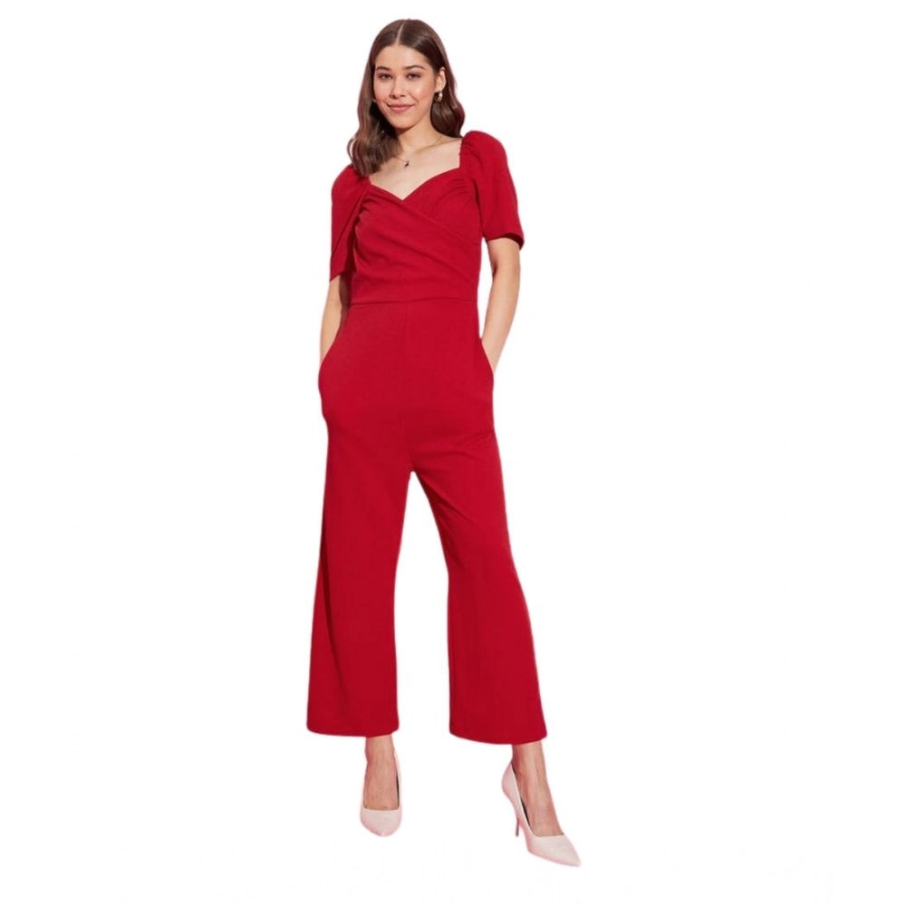 HD Women's Polyester Lycra Solid Puff Sleeve Jumpsuit (Red)