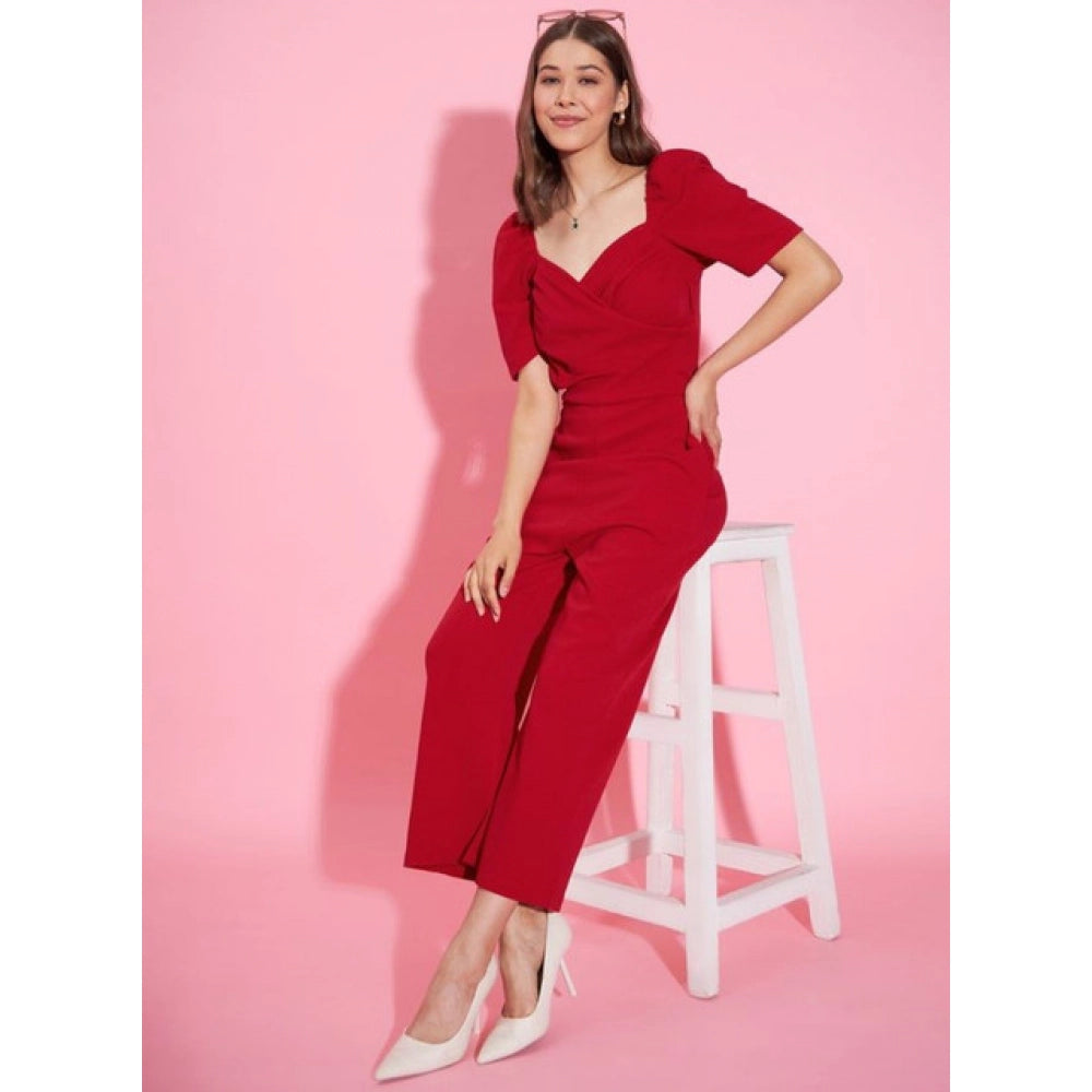 HD Women's Polyester Lycra Solid Puff Sleeve Jumpsuit (Red)