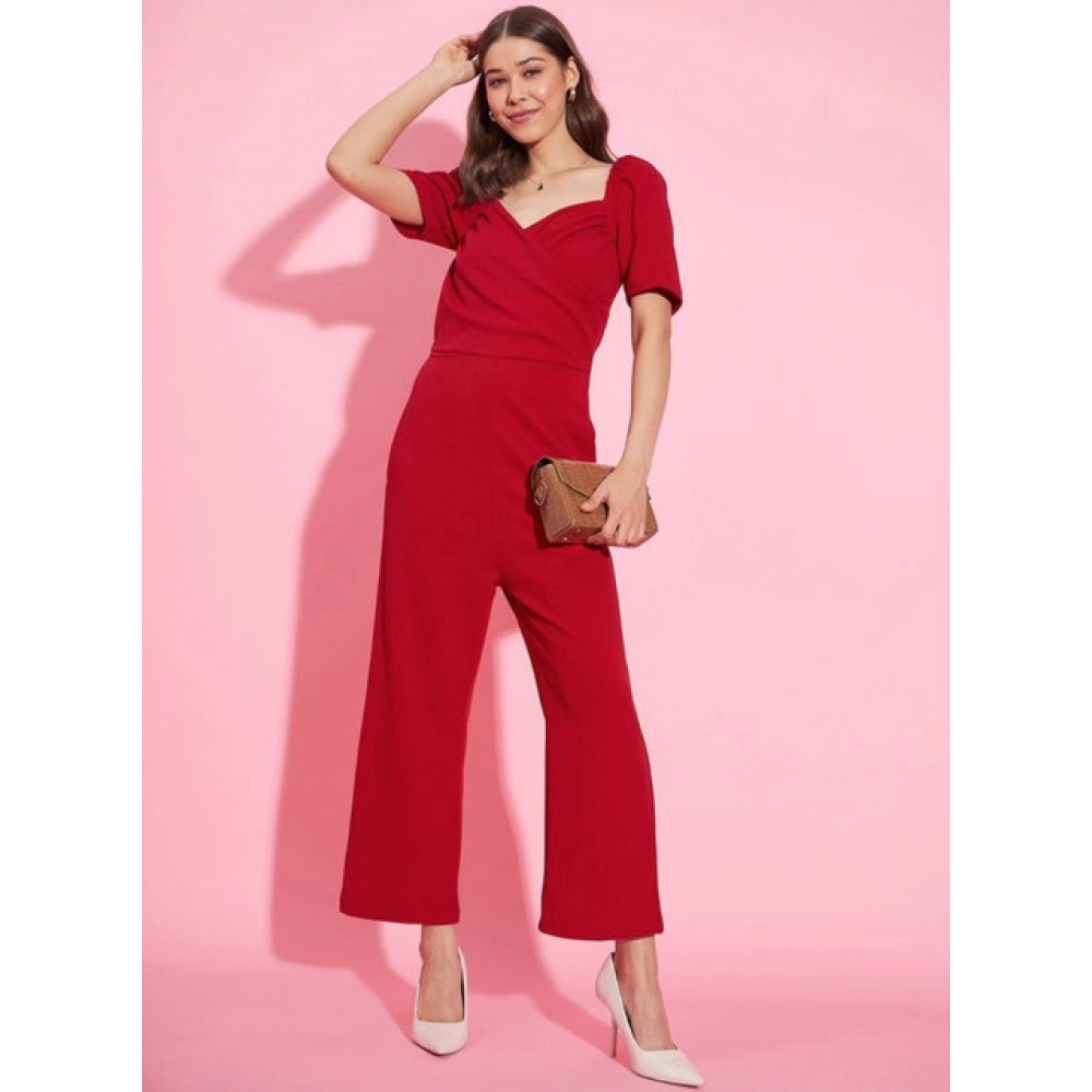HD Women's Polyester Lycra Solid Puff Sleeve Jumpsuit (Red)