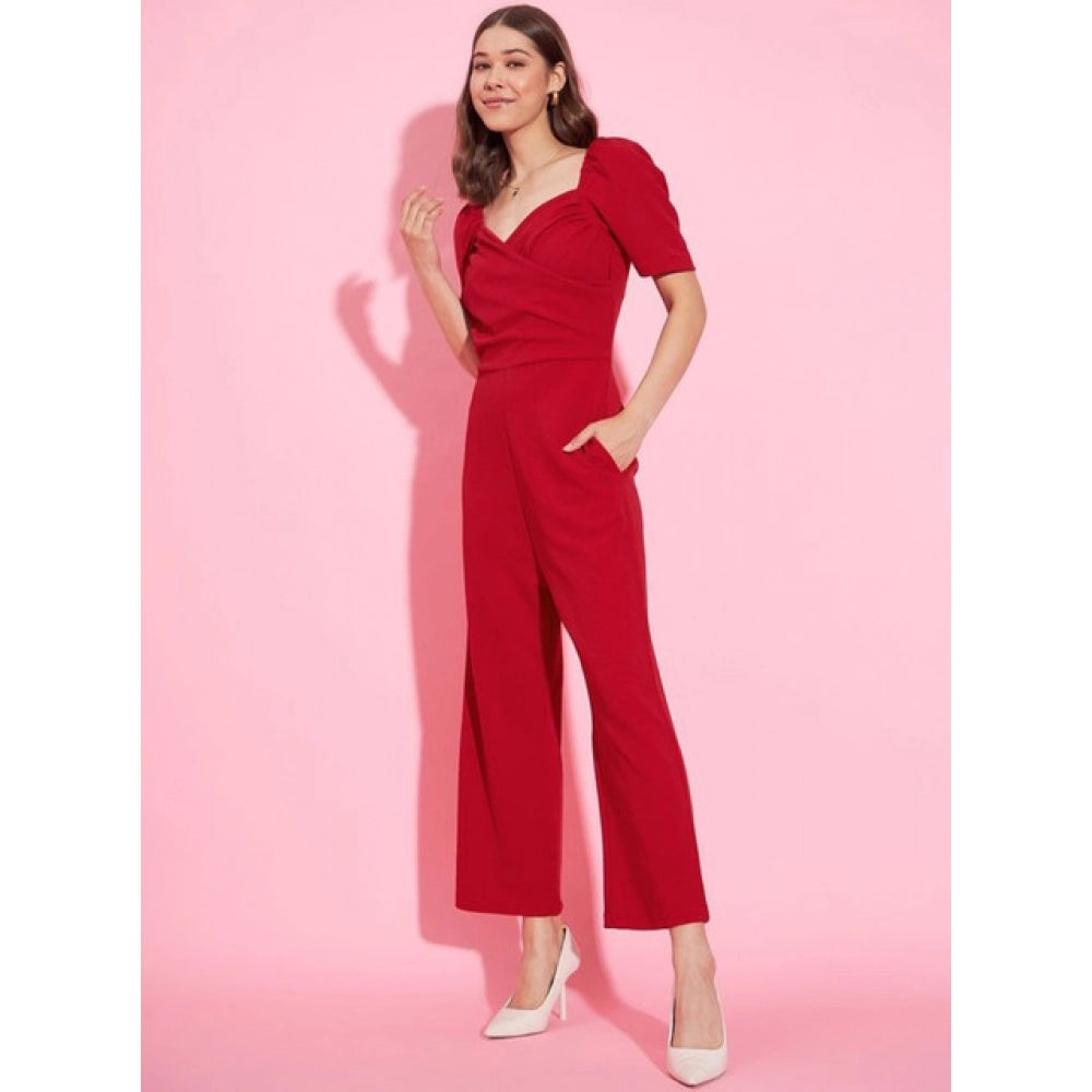 HD Women's Polyester Lycra Solid Puff Sleeve Jumpsuit (Red)