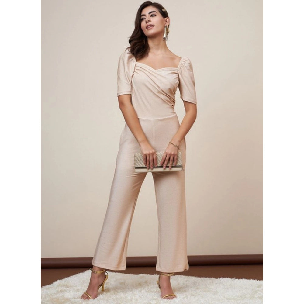 HD Women's Polyester Shimmer Self Design Short Sleeve Jumpsuit (Gold)