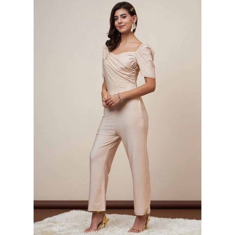HD Women's Polyester Shimmer Self Design Short Sleeve Jumpsuit (Gold)