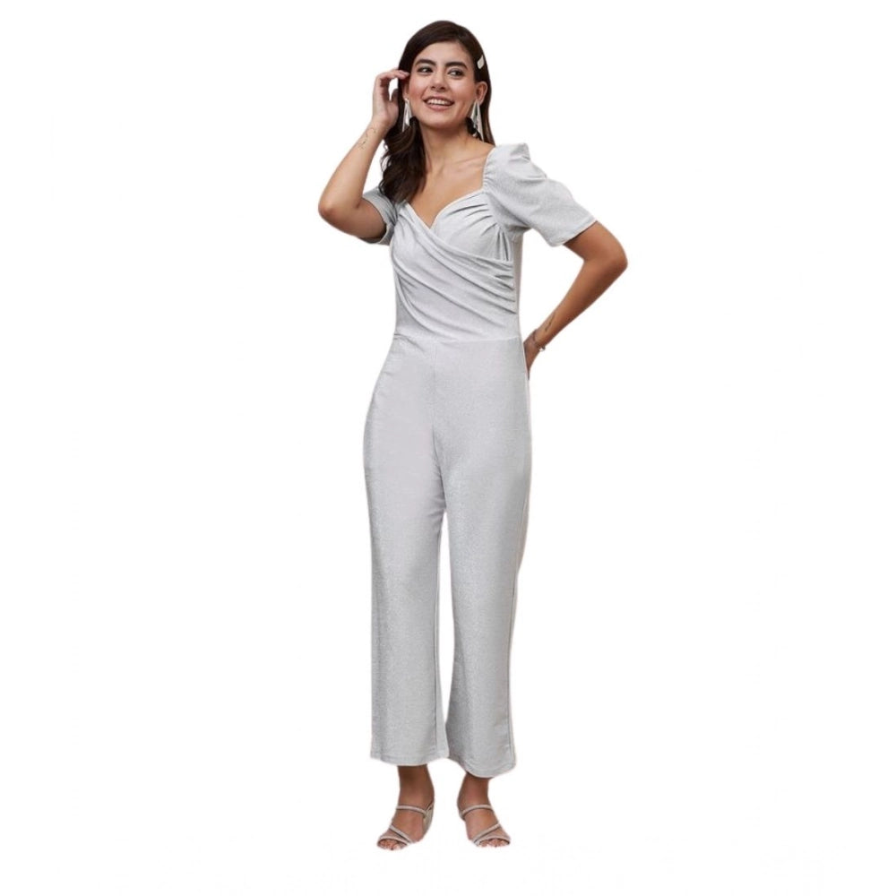 HD Women's Polyester Shimmer Self Design Short Sleeve Jumpsuit (Silver)