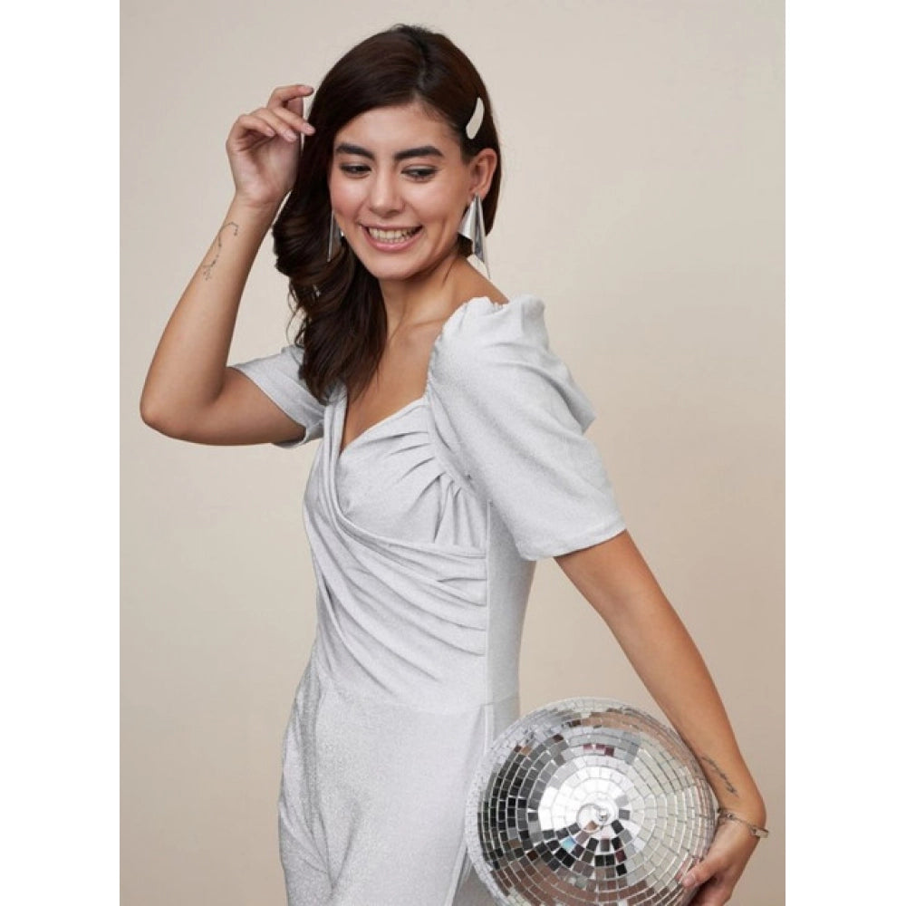 HD Women's Polyester Shimmer Self Design Short Sleeve Jumpsuit (Silver)