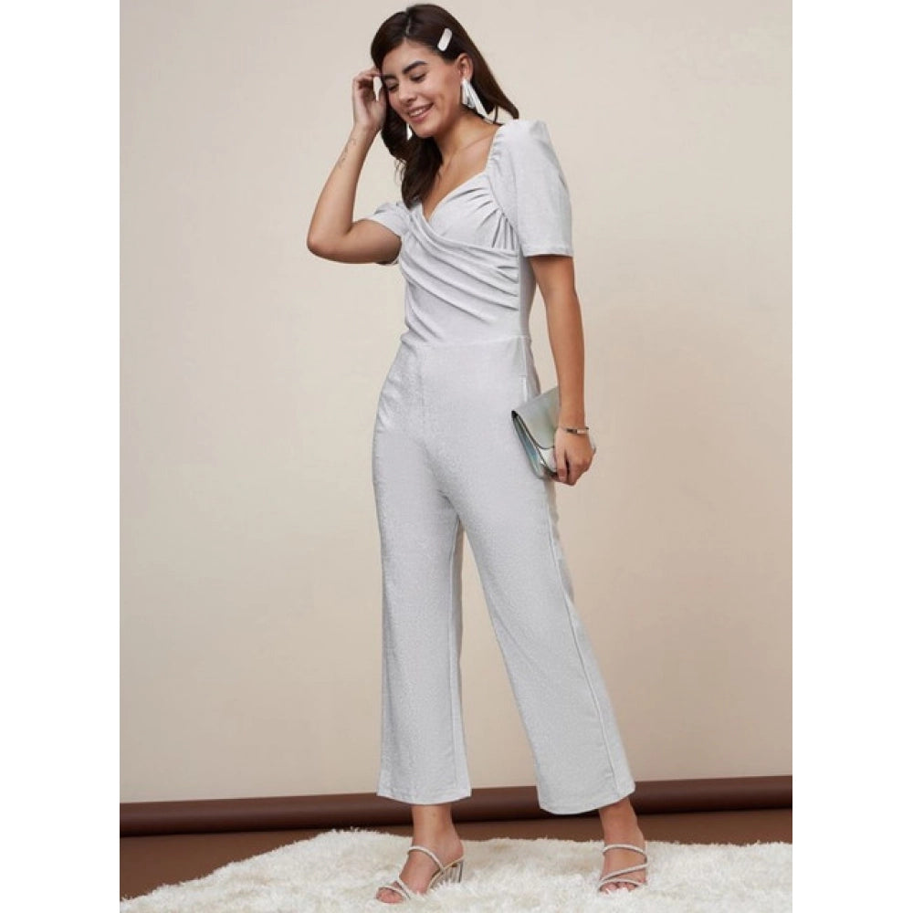 HD Women's Polyester Shimmer Self Design Short Sleeve Jumpsuit (Silver)