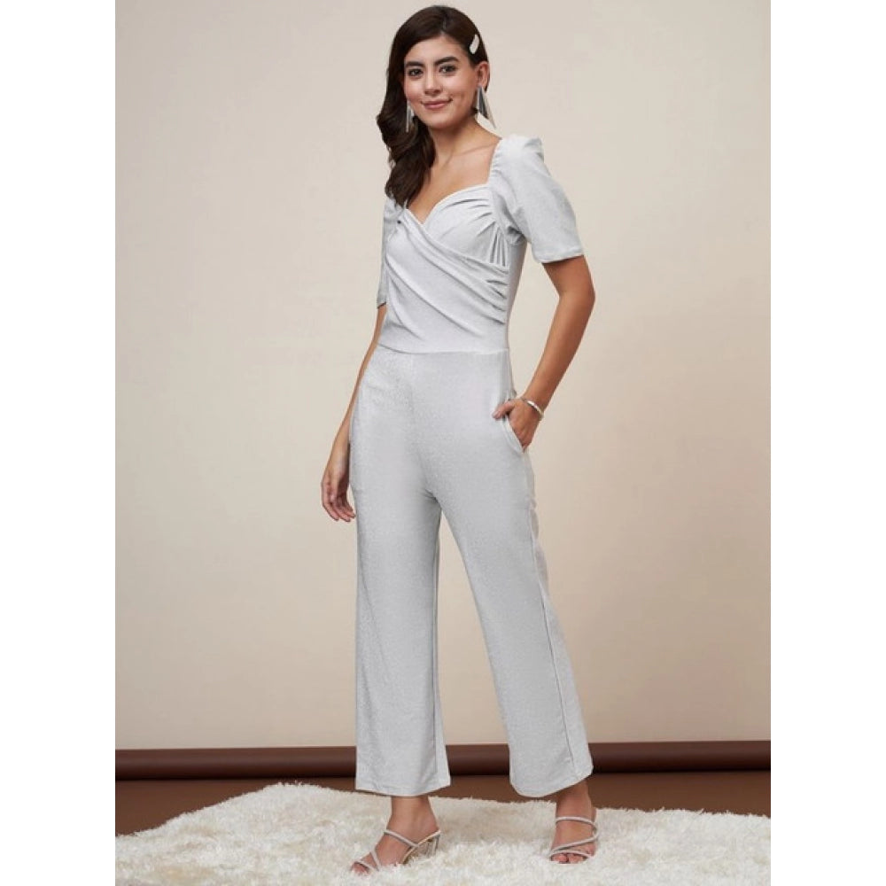 HD Women's Polyester Shimmer Self Design Short Sleeve Jumpsuit (Silver)