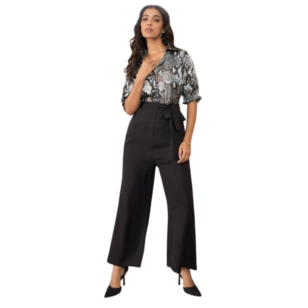 HD Women's Satin And Polyester Floral Half Sleeves Jumpsuit (Grey - Black)