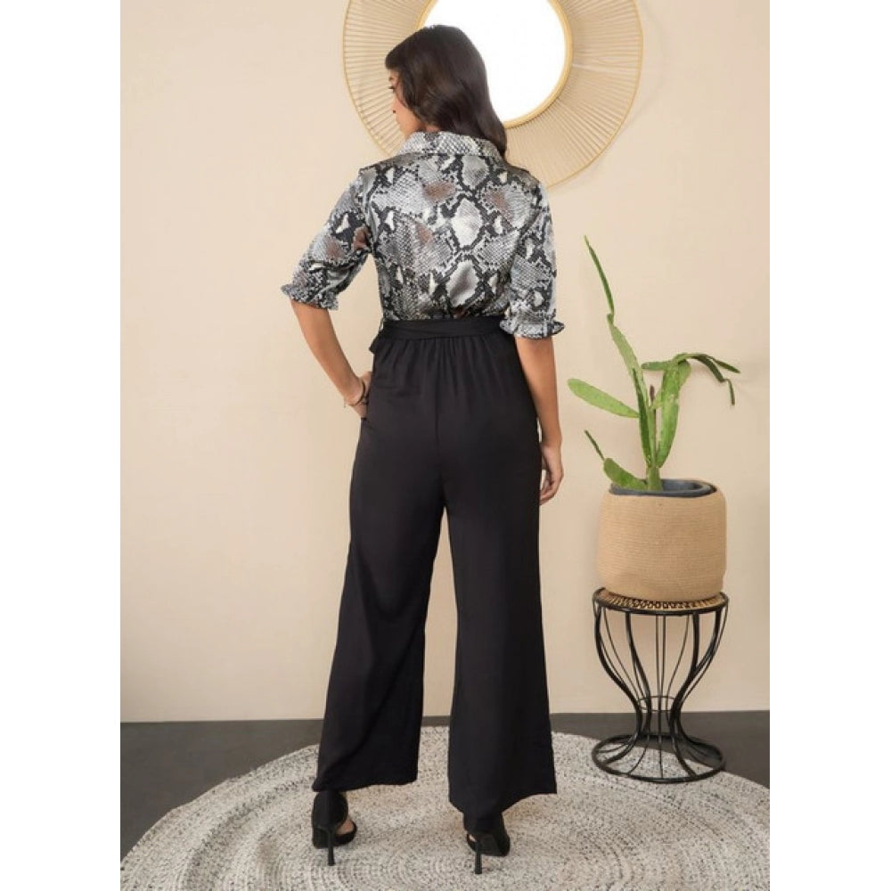 HD Women's Satin And Polyester Floral Half Sleeves Jumpsuit (Grey - Black)