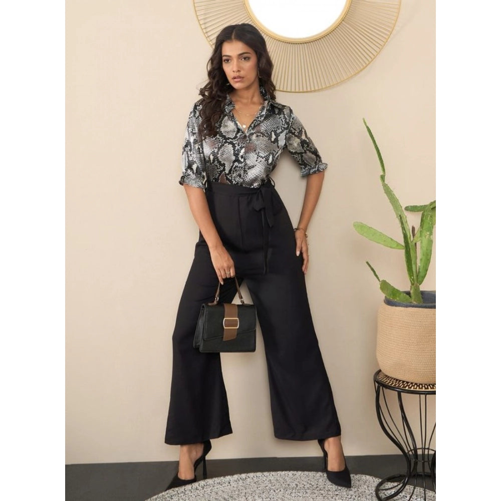HD Women's Satin And Polyester Floral Half Sleeves Jumpsuit (Grey - Black)