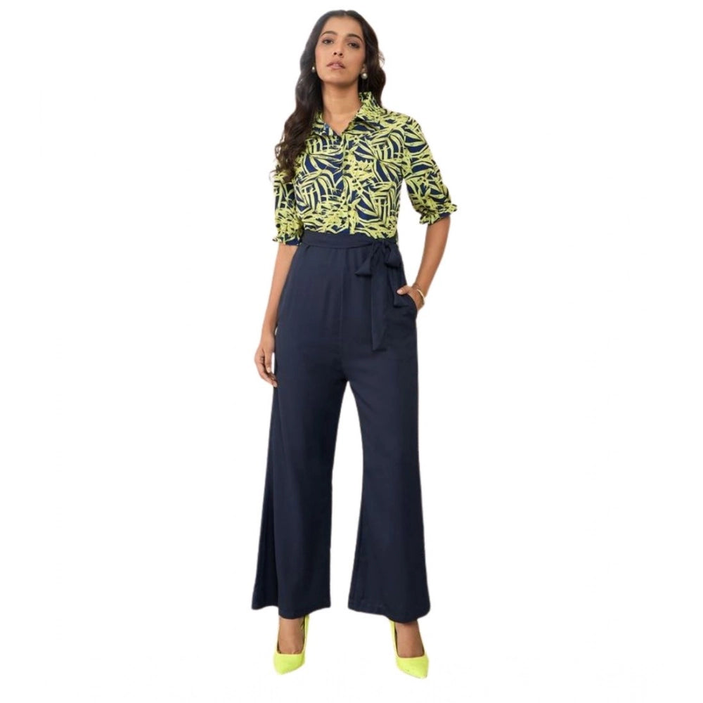 HD Women's Polyester Floral Half Sleeves Jumpsuit (Navy - Yellow)