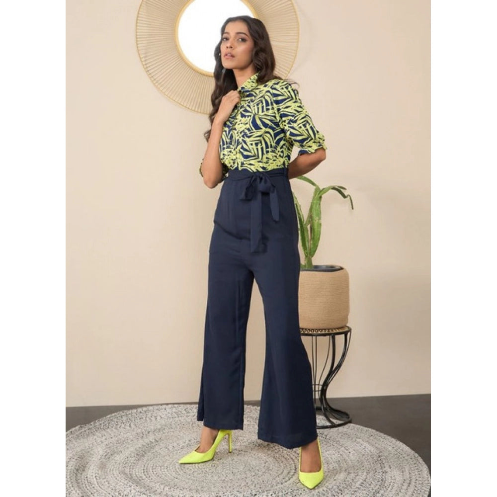 HD Women's Polyester Floral Half Sleeves Jumpsuit (Navy - Yellow)