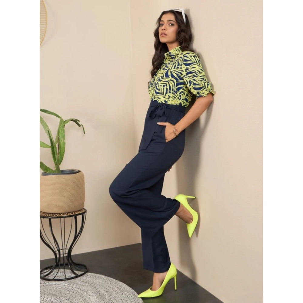 HD Women's Polyester Floral Half Sleeves Jumpsuit (Navy - Yellow)