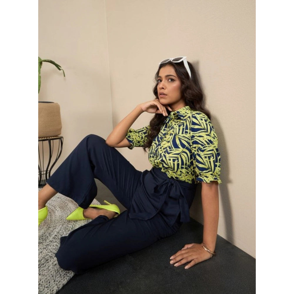 HD Women's Polyester Floral Half Sleeves Jumpsuit (Navy - Yellow)