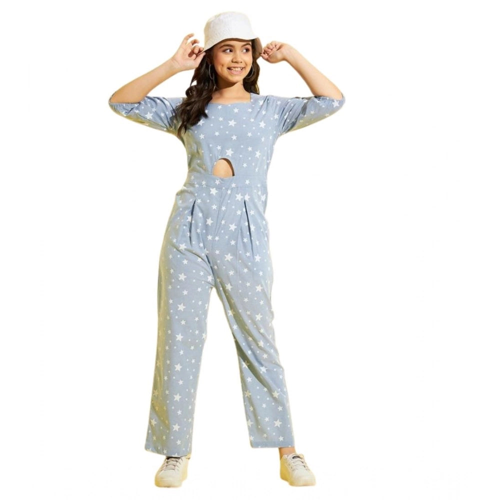 HD Girl's Cotton Printed 3-4th Sleeve Jumpsuit (Blue - White)