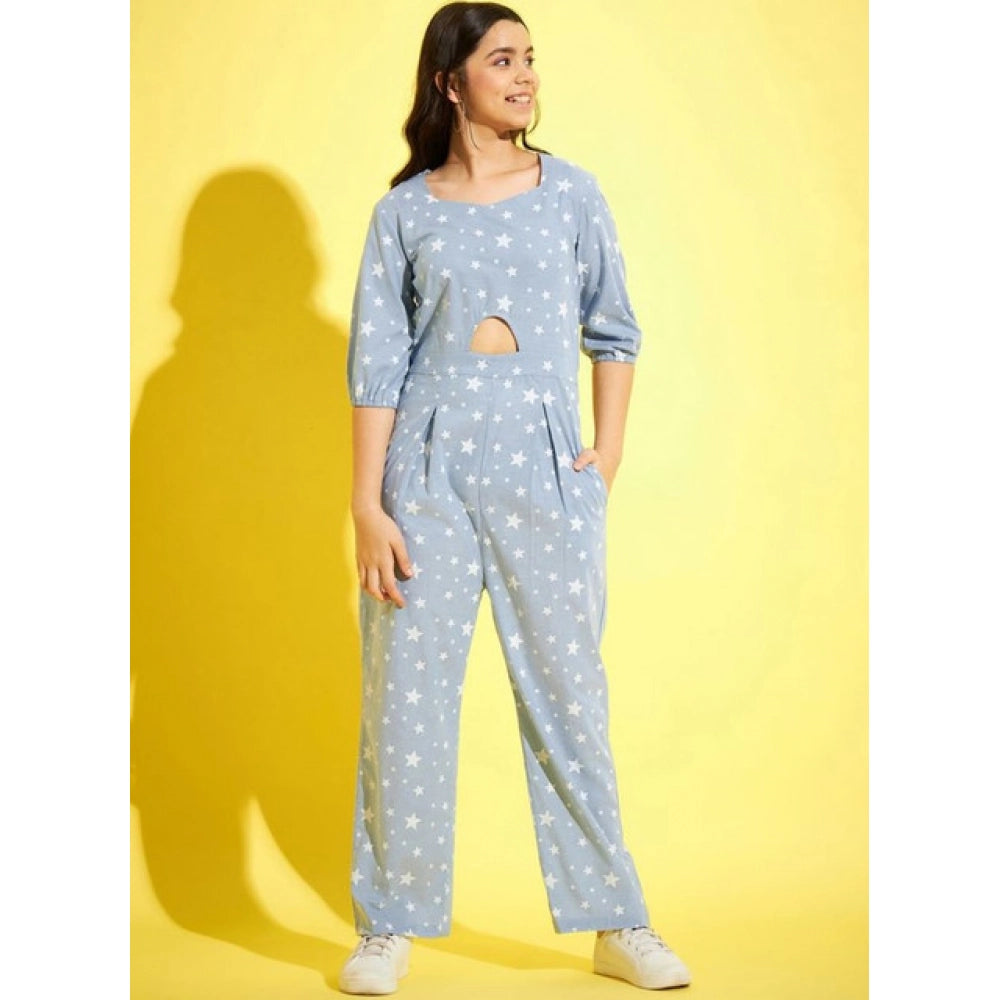 HD Girl's Cotton Printed 3-4th Sleeve Jumpsuit (Blue - White)