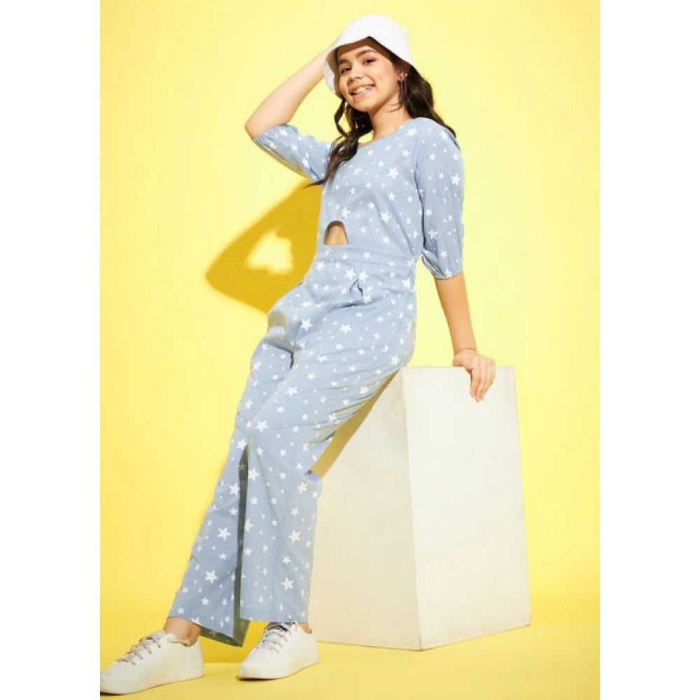 HD Girl's Cotton Printed 3-4th Sleeve Jumpsuit (Blue - White)