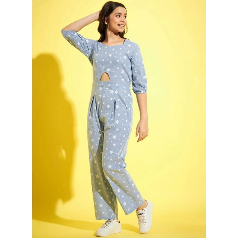 HD Girl's Cotton Printed 3-4th Sleeve Jumpsuit (Blue - White)