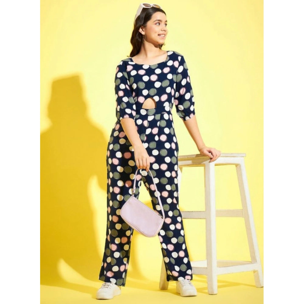 HD Girl's Cotton Polka 3-4th Sleeve Jumpsuit (Multicolor)