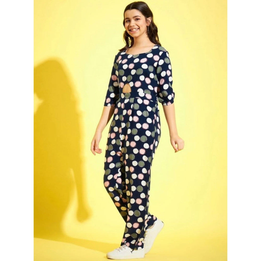HD Girl's Cotton Polka 3-4th Sleeve Jumpsuit (Multicolor)